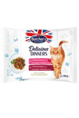 Butcher's Cat Delicious Dinners kuře+játra/kuře+hovězí kapsa 4x100g